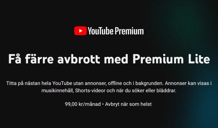 Youtube höjer Premium till 169 kronor – lanserar billigare Premium Lite för 99 kronor i Sverige
